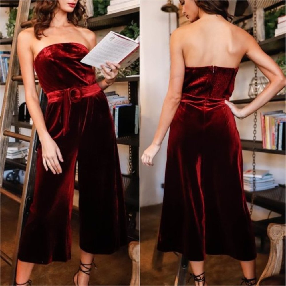 BURGUNDY Strapless Front Buckle Belt Jumpsuit - Picture 2 of 8